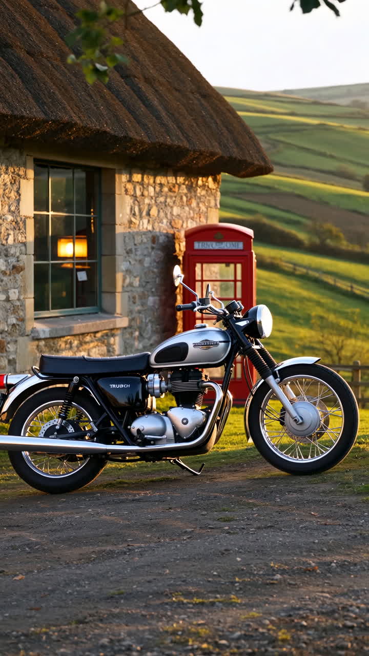 A classic Triumph motorcycle parked in front of a traditional British cottage with a red telephone booth in the countryside