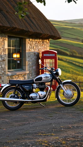 a classic triumph motorcycle parked in front of a traditional british cottage with a red telephone booth in the countryside
