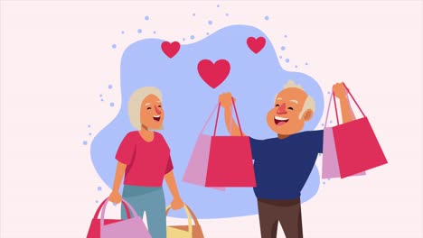 pareja de personas mayores con bolsas de compras y personajes de corazones