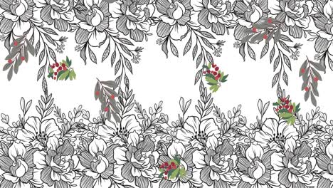 animación de hojas y bayas que caen sobre follaje blanco y negro y fondo de diseño de flores