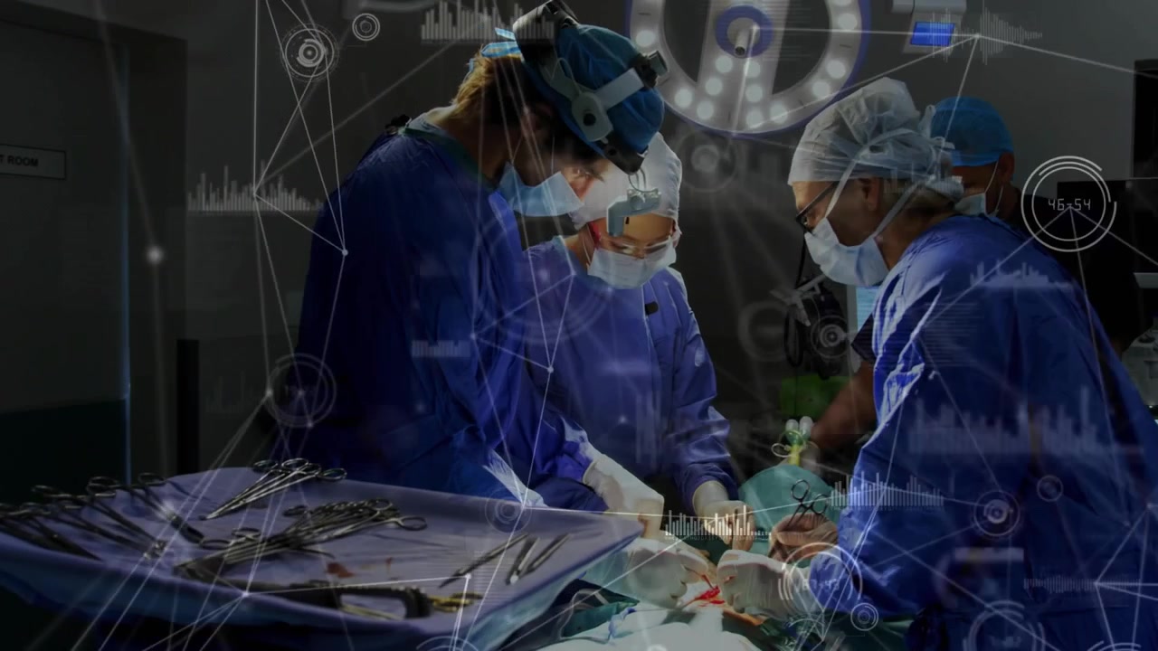 Surgical team making 1st incision passing tools and suturing, finishing case while HUD guiding team