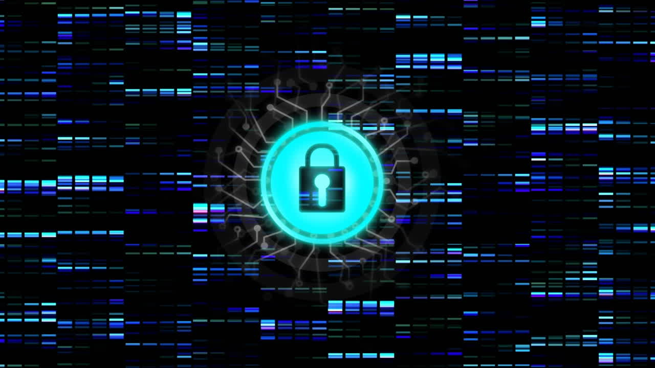 animación de la red de conexiones con candado de seguridad en línea sobre fondo oscuro