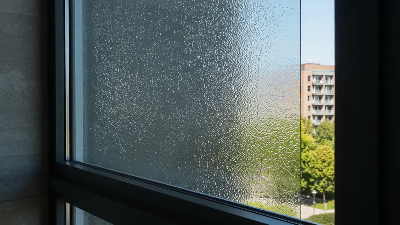 Capturing the Serenity of a Frosted Window View: Nature's Soft Light Enhancing the Indoor Atmosphere with Subtlety and Clarity