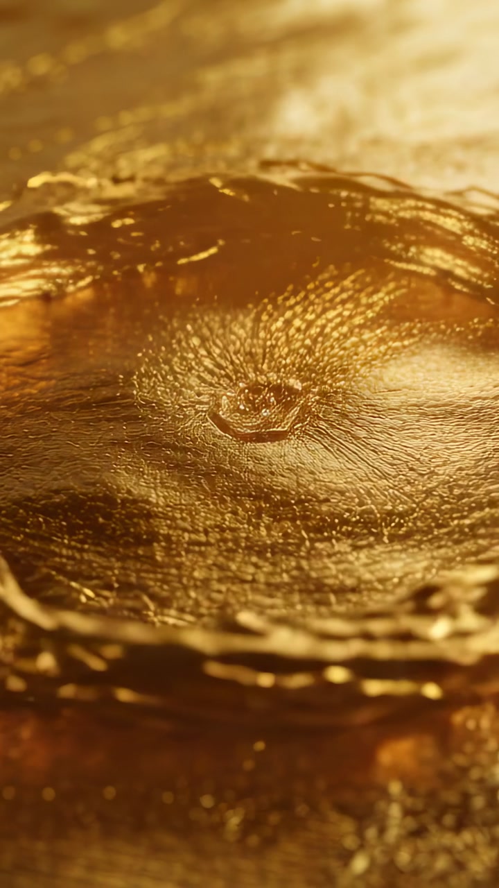 Vertical video: Droplet striking golden liquid in macro studio, forming crater crown and torus