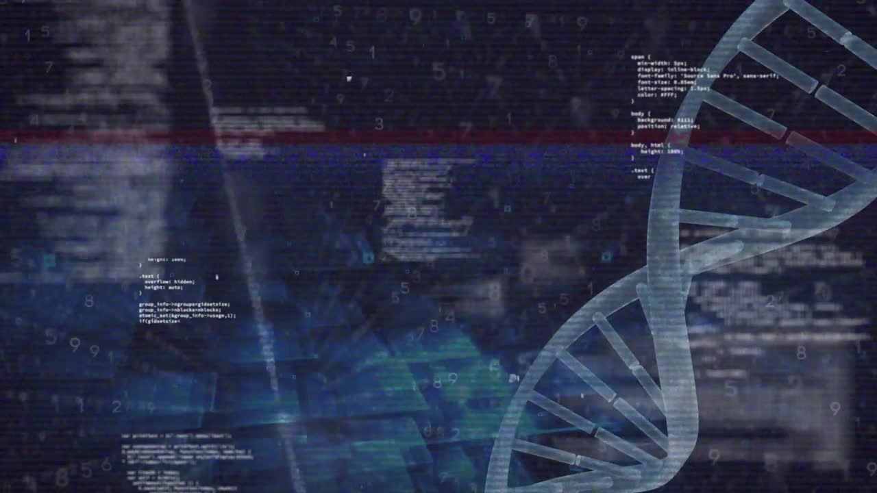 Animation of data processing and dna strand with globe over eye