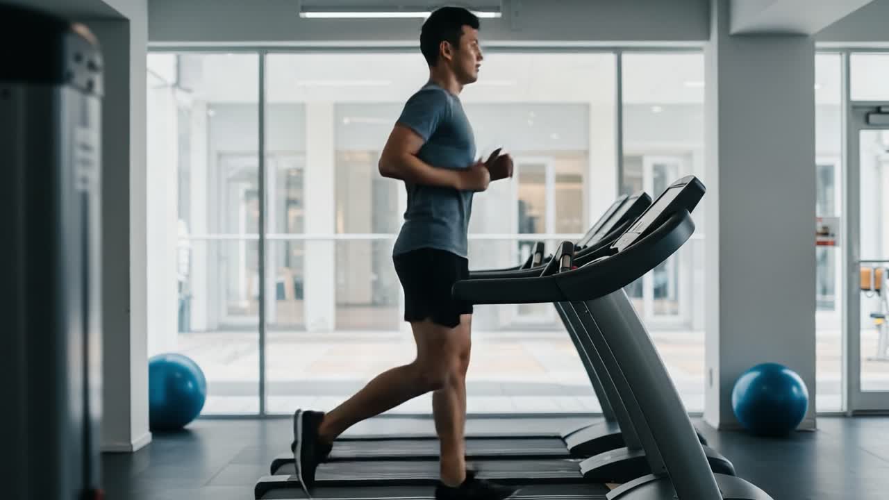 A Focused Individual Engages in Treadmill Running, Embracing Physical Fitness and Cardio Workout in a Modern Gym Environment