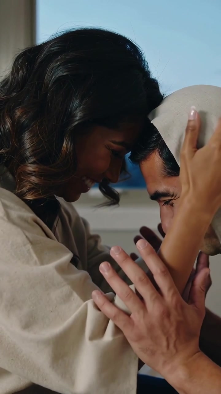Vertical video: Reaching woman in robe draping cloth over man's head on bed near window, comforting