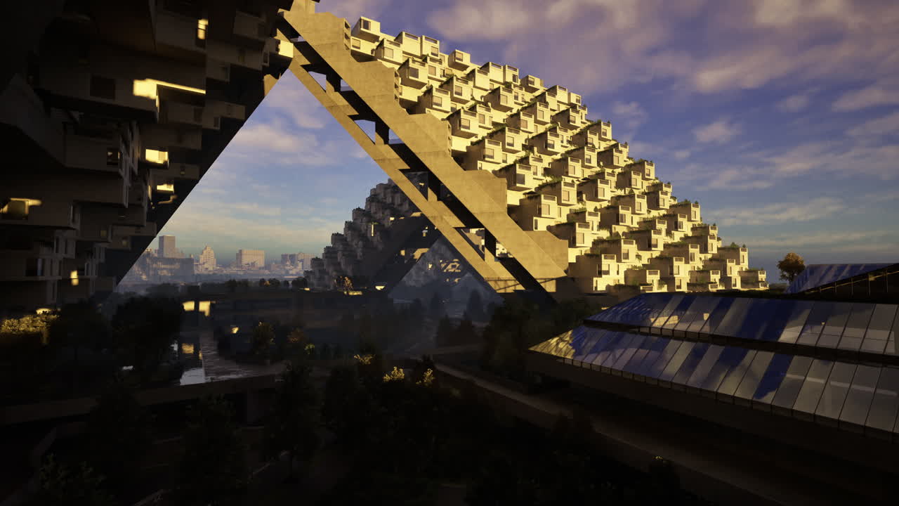 Modern architectural masterpiece set against a vibrant skyline during sunset