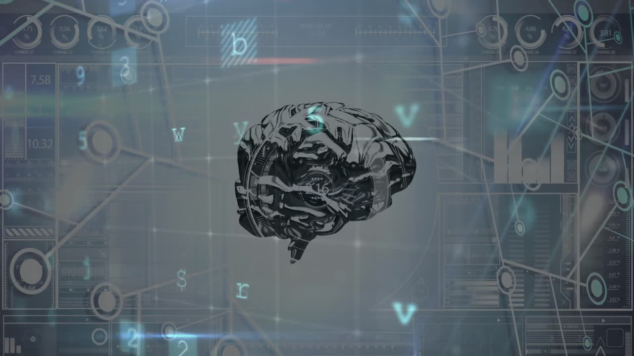 회색 배경 위의 뇌와 연결 네트워크의 애니메이션