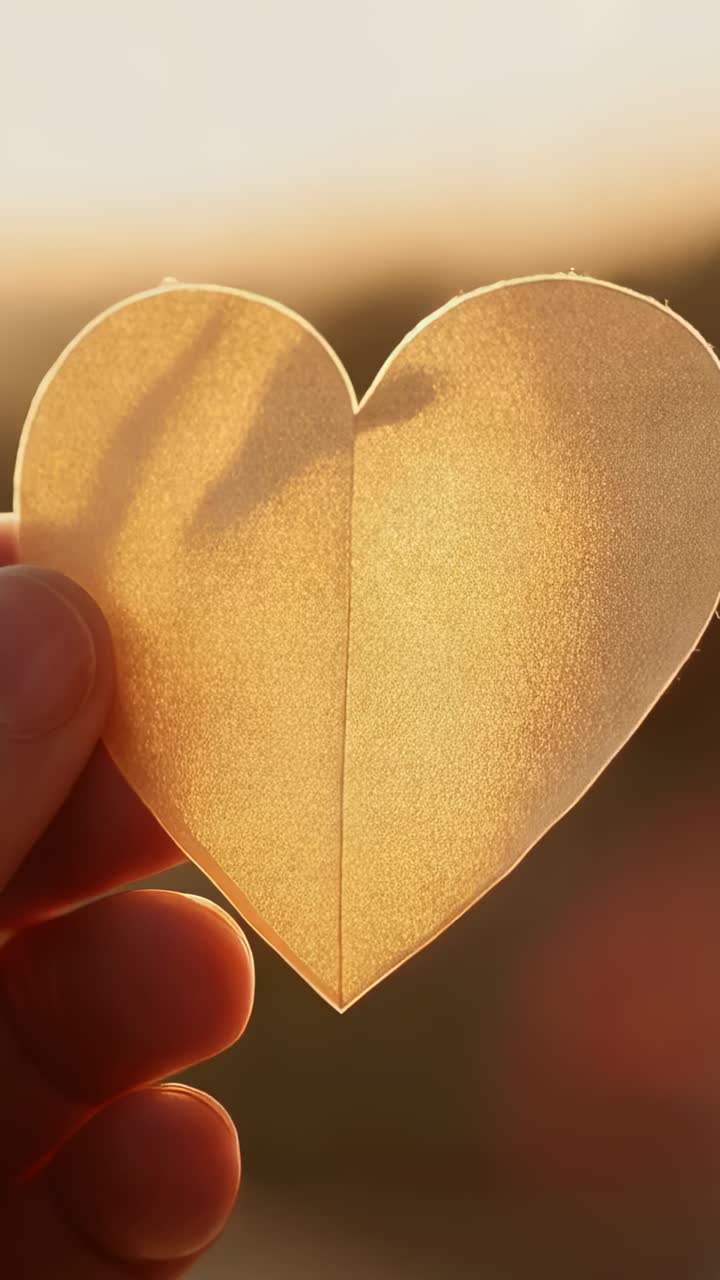 Video verticale: adulto che tiene una mano inclinando un cuore di carta su un orizzonte aperto, la luce del sole crea un alone luminoso