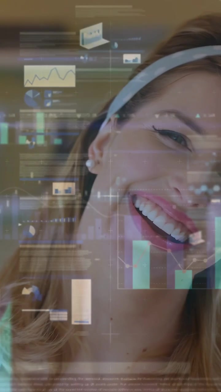 Woman smiling tilting, camera moving, live charts drifting around her, showing recipe stats