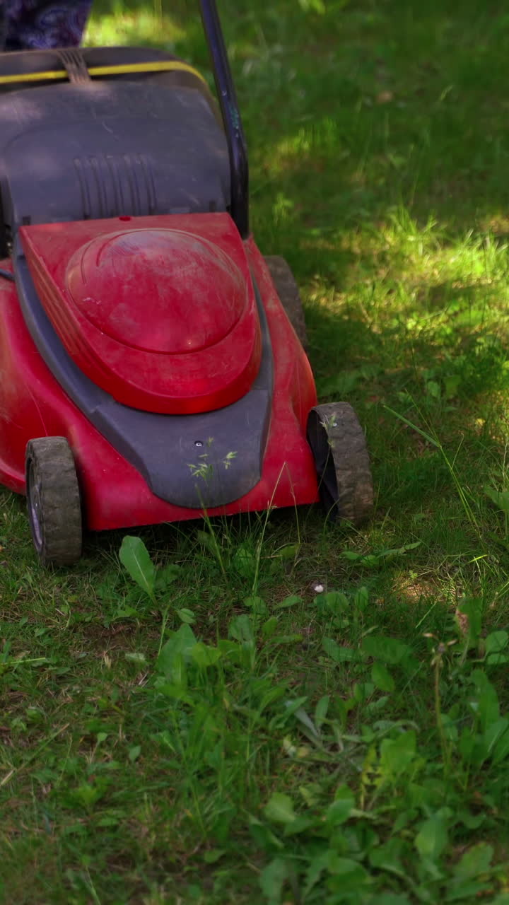 Gardening. Someone mows the grass with an electric lawn mower. Mowing the lawn grass. Landscaping the garden. Vertical video
