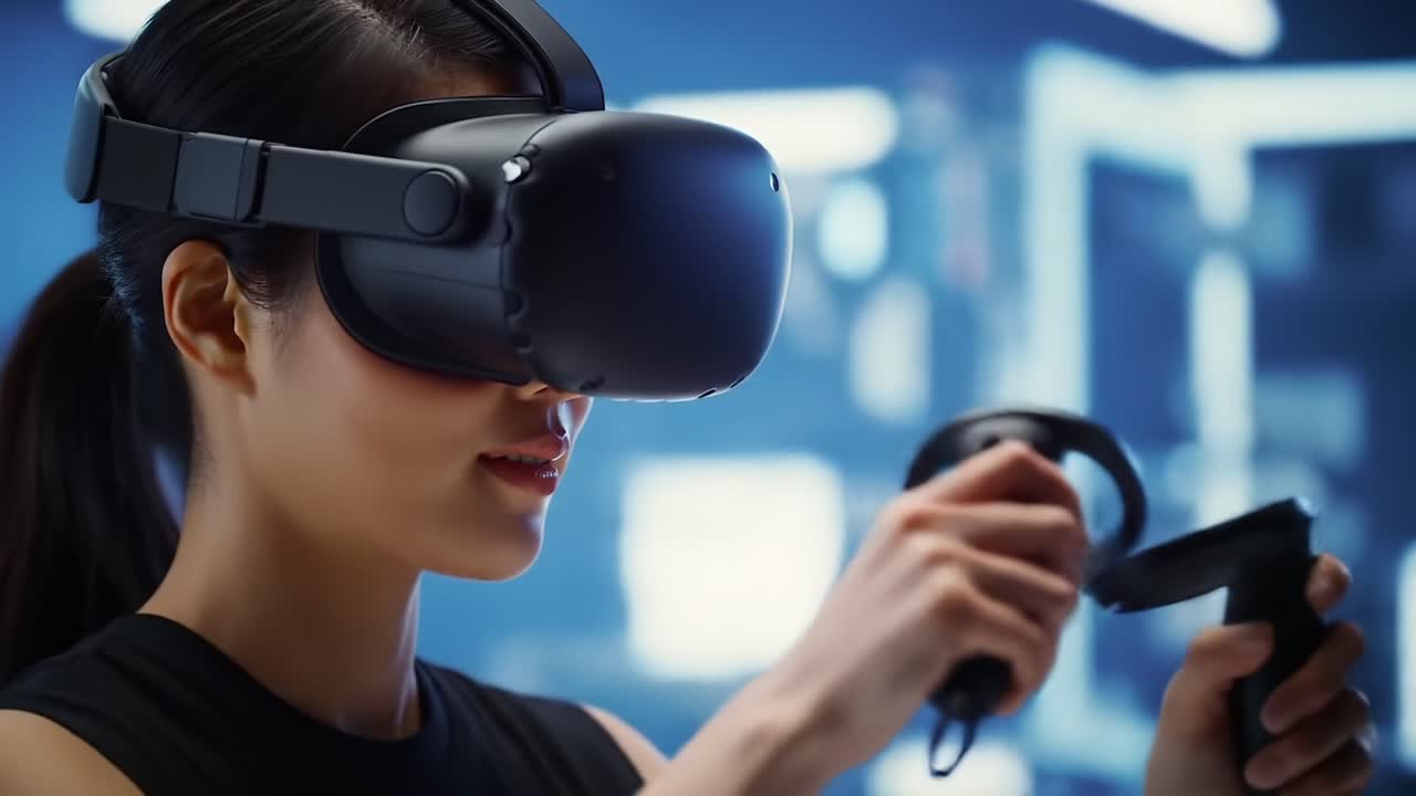 An Engaging Virtual Reality Experience: A Woman Immersed in a Modern VR Environment with Headset and Motion Controllers for an Interactive Gaming Adventure