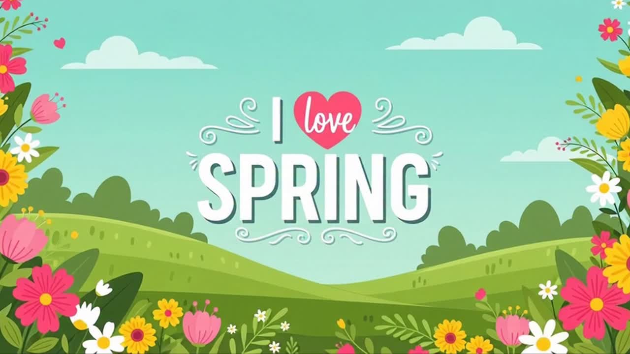 Paesaggio primaverile animato con testo “I love spring”