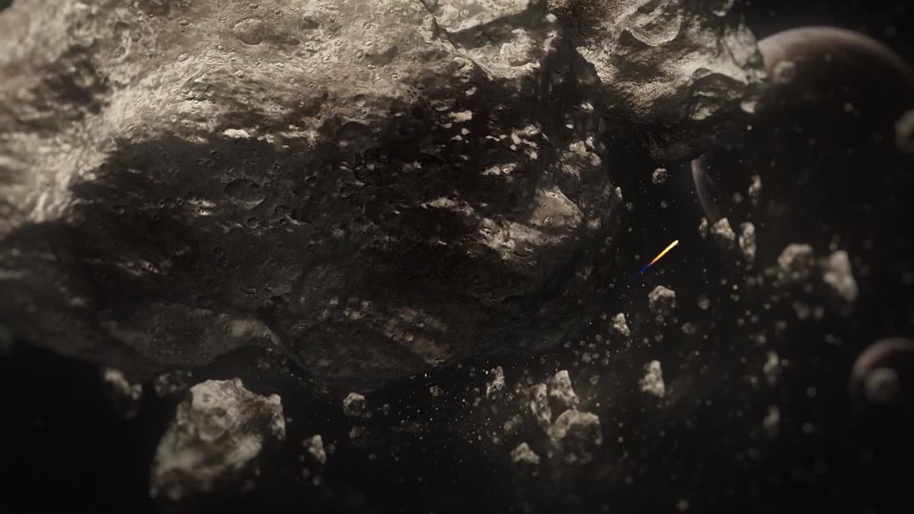 Scia luminosa di navicella spaziale che si muove attraverso un vasto campo di asteroidi