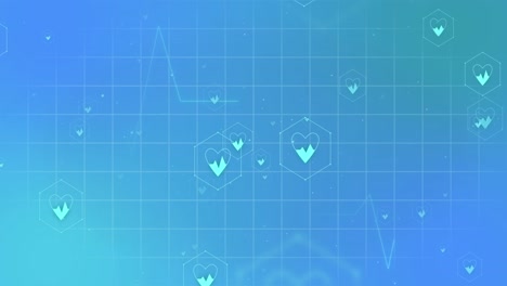 animation of medical icons and data processing over grid on blue background