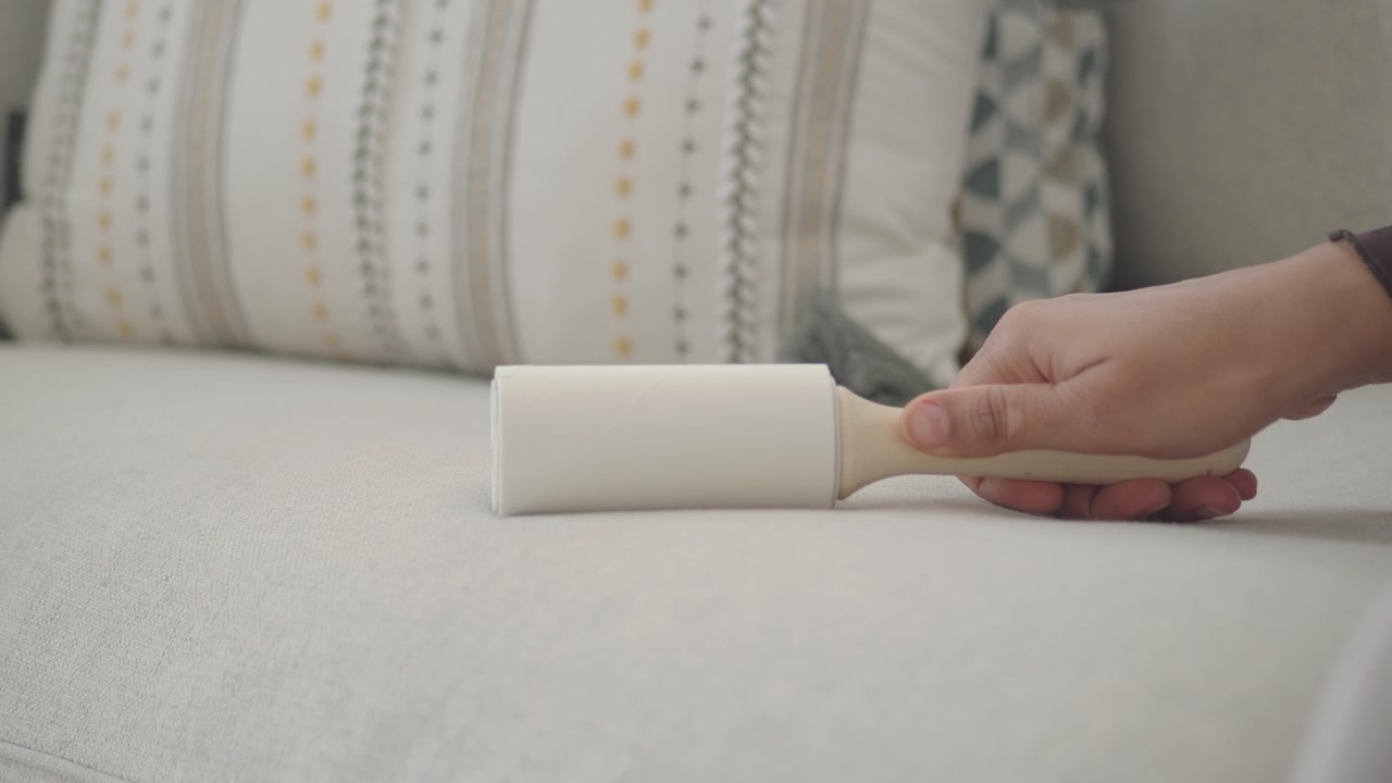 Primo piano di una mano che usa un rullo levapelucchi per pulire un divano
