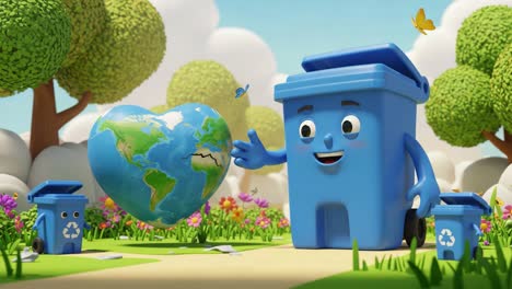 a cheerful recycling character embracing a heart-shaped earth in a vibrant nature setting, promoting environmental awareness and sustainability with playful elements