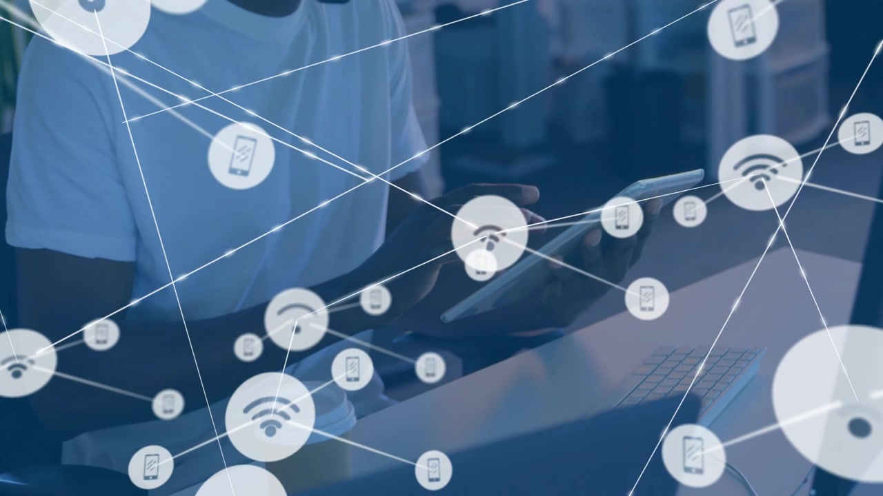 Man holding tablet tapping, wifi nodes radiating across desk, visualizing technology connectivity