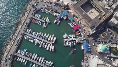 Aerial-view-over-Acre-port-and-sea,-Israel