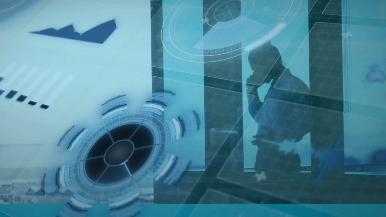 공항에서 스마트폰으로 대화하는 스트레스를 받은 사업가에 대한 데이터 처리의 애니메이션