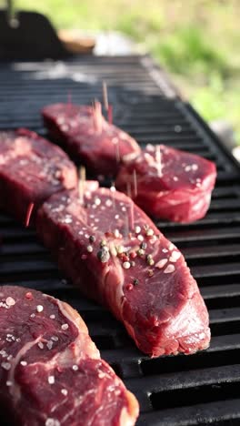 raw steaks on grill