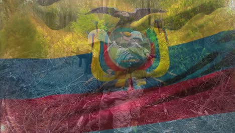 animation of flag of ecuador waving over diverse soldiers with guns walking through forest