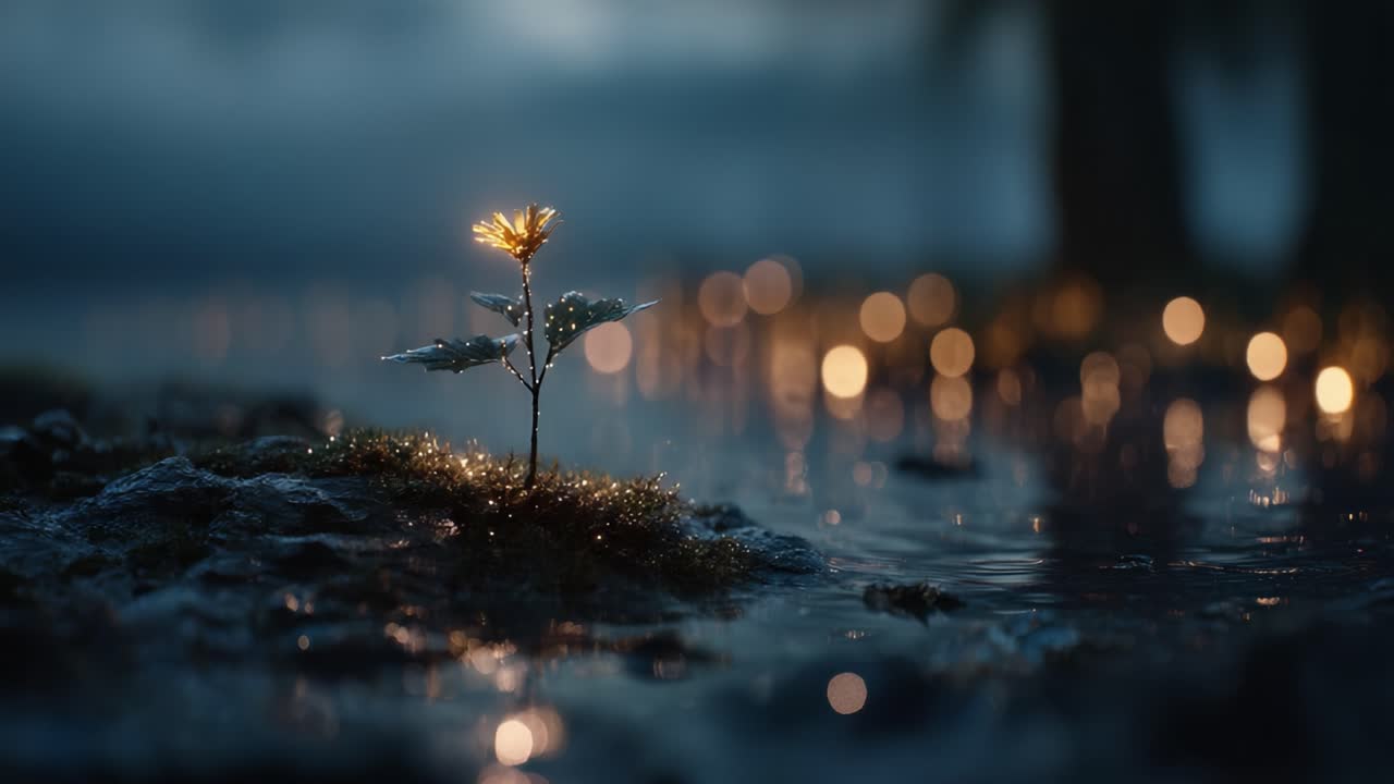 A Resilient Bloom: Captivating Close-Up of a Single Flower Illuminated by Dewdrops Amidst a Twilight Landscape, Symbolizing Hope and Renewal in Nature