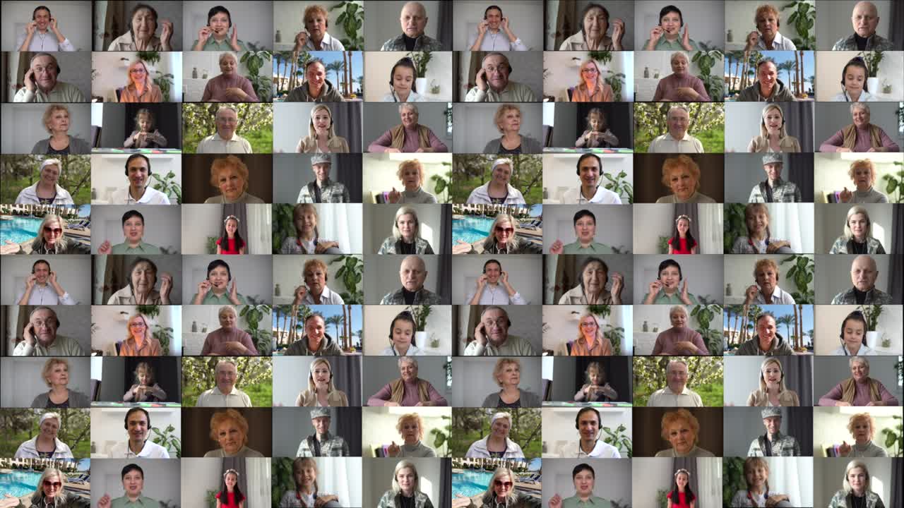 99명의 사람들의 비디오 콜라지, tv의 큰 비디오 벽의 형태로 다양한 이미지