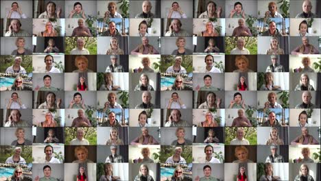 video collage of 99 people, a variety of images in the form of a large video wall of the tv