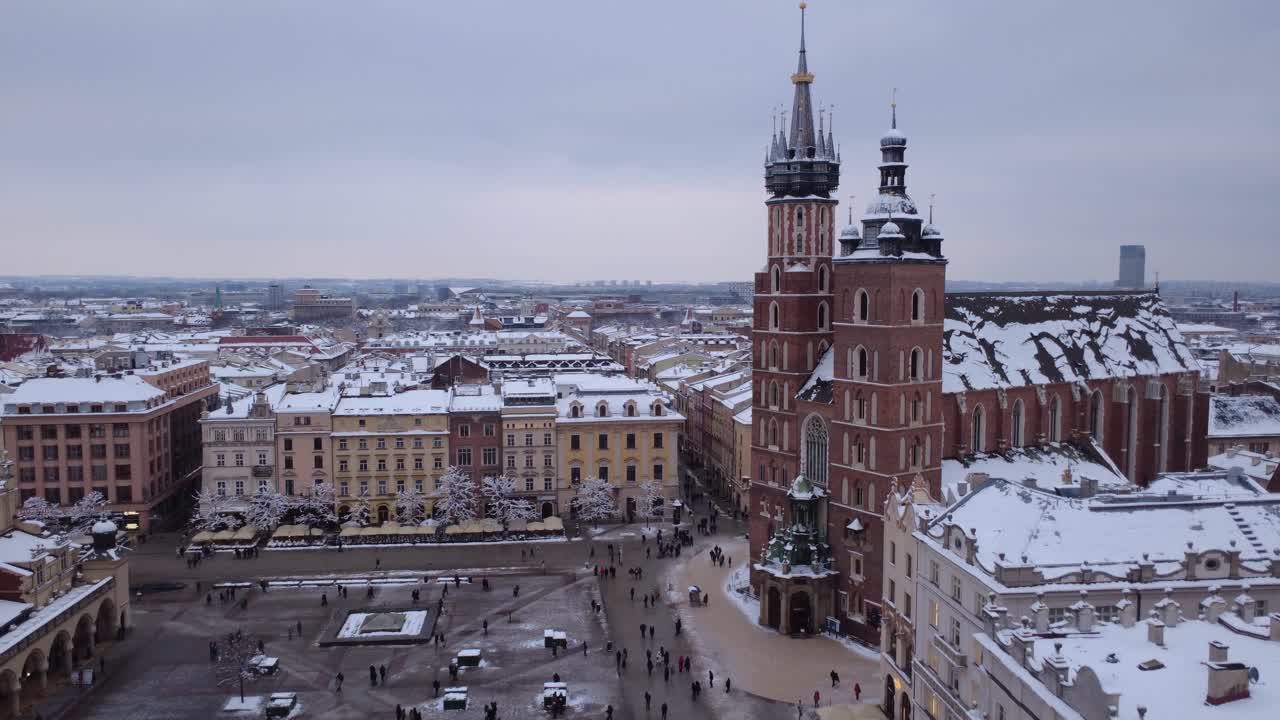 Aerial View of St. Mary's Basilica and Main Market Square in Snowy Krakow