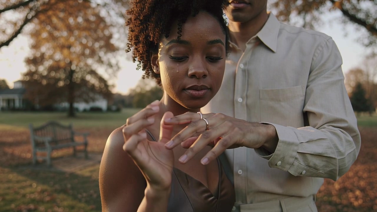 Deslizando um anel de ouro, homem de cáqui pedindo em casamento, segurando a mão esquerda dela em um parque no final da tarde