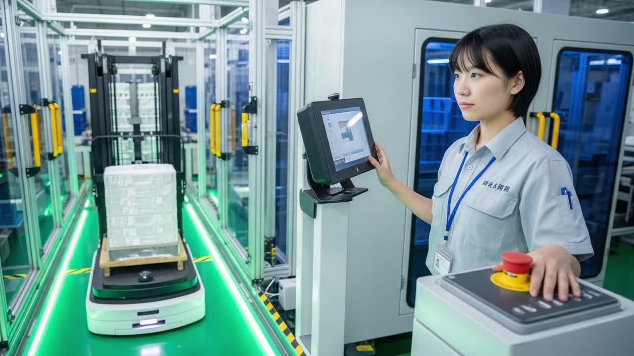A warehouse operator managing automated equipment and a robotic system for efficient inventory handling and logistics in a modern industrial setting