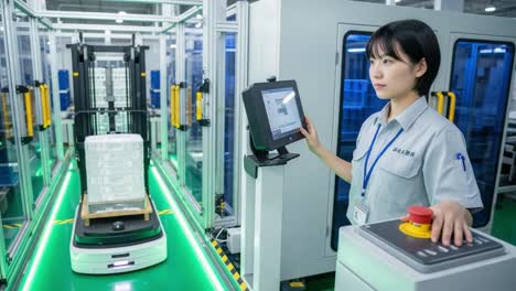 a warehouse operator managing automated equipment and a robotic system for efficient inventory handling and logistics in a modern industrial setting