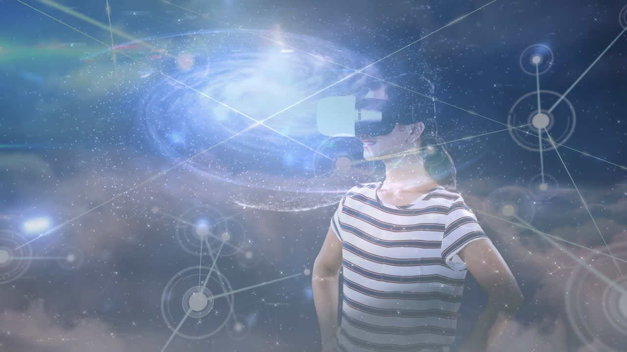 animación de la red de conexiones sobre mujer de negocios con auriculares vr