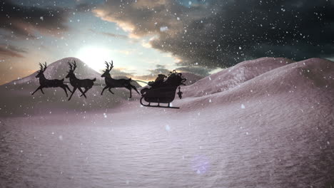 animation of snow falling over silhouette of santa claus in sleigh with reindeer in winter scenery