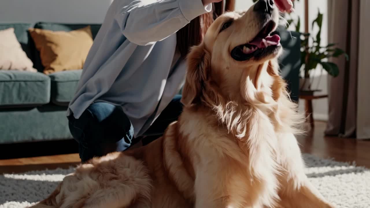 A cozy video scene of a person petting a relaxed golden retriever on a sunlit rug