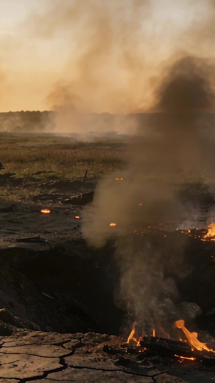 Video verticale: Fiamme divampanti di una fossa di combustione poco profonda che inviano una colonna di fumo attraverso una pianura arida, con braci.