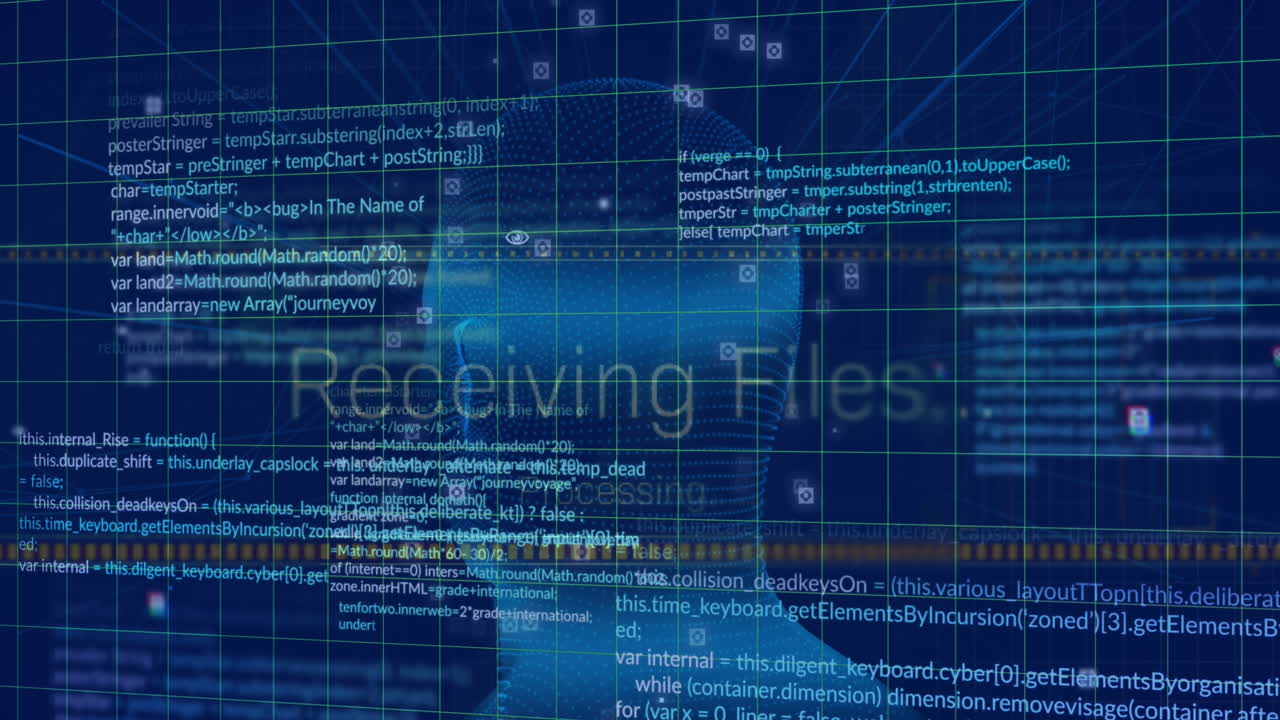 An animation of digital head and data processing on a black background