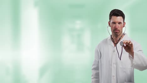 animación de un médico caucásico que sostiene un estetoscopio sobre un fondo borroso