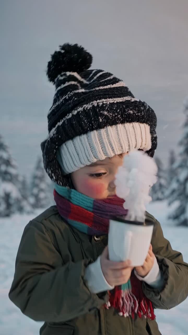 A close-up video captures a child in winter attire, sipping from a steaming mug, with a snowy