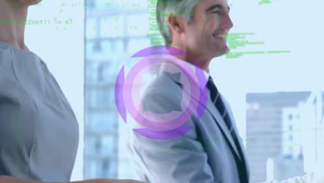 Animation-of-rotating-purple-shape-and-data,-over-smiling-business-people-shaking-hands