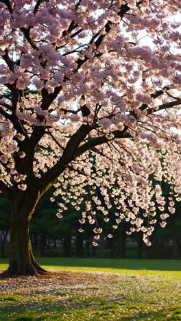 cherry blossom tree with falling petals in a park