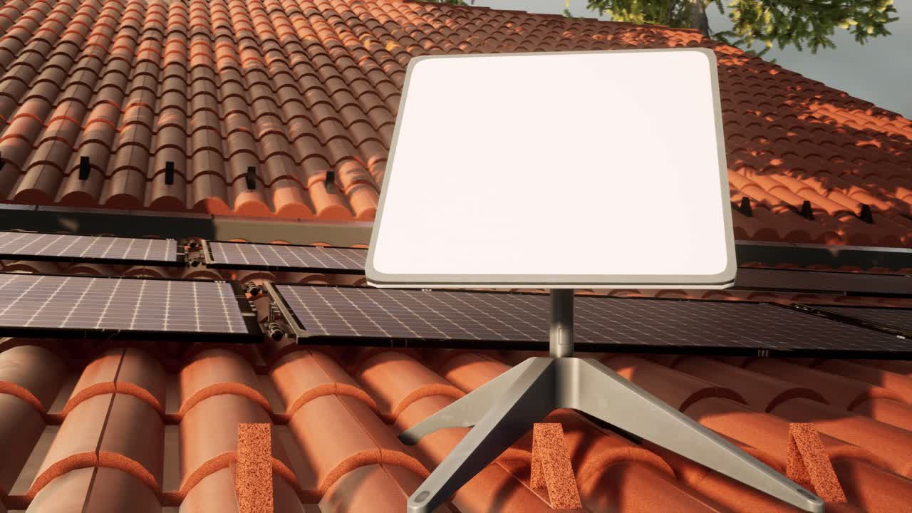 지붕에 태양광 패널과 위성 인터넷이 있는 현대적인 집