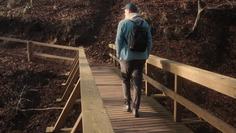 young caucasian male adventurer crossing a wooden bridge over a canyon in a forest. beautiful day in autumn. 4k nature outdoors europe