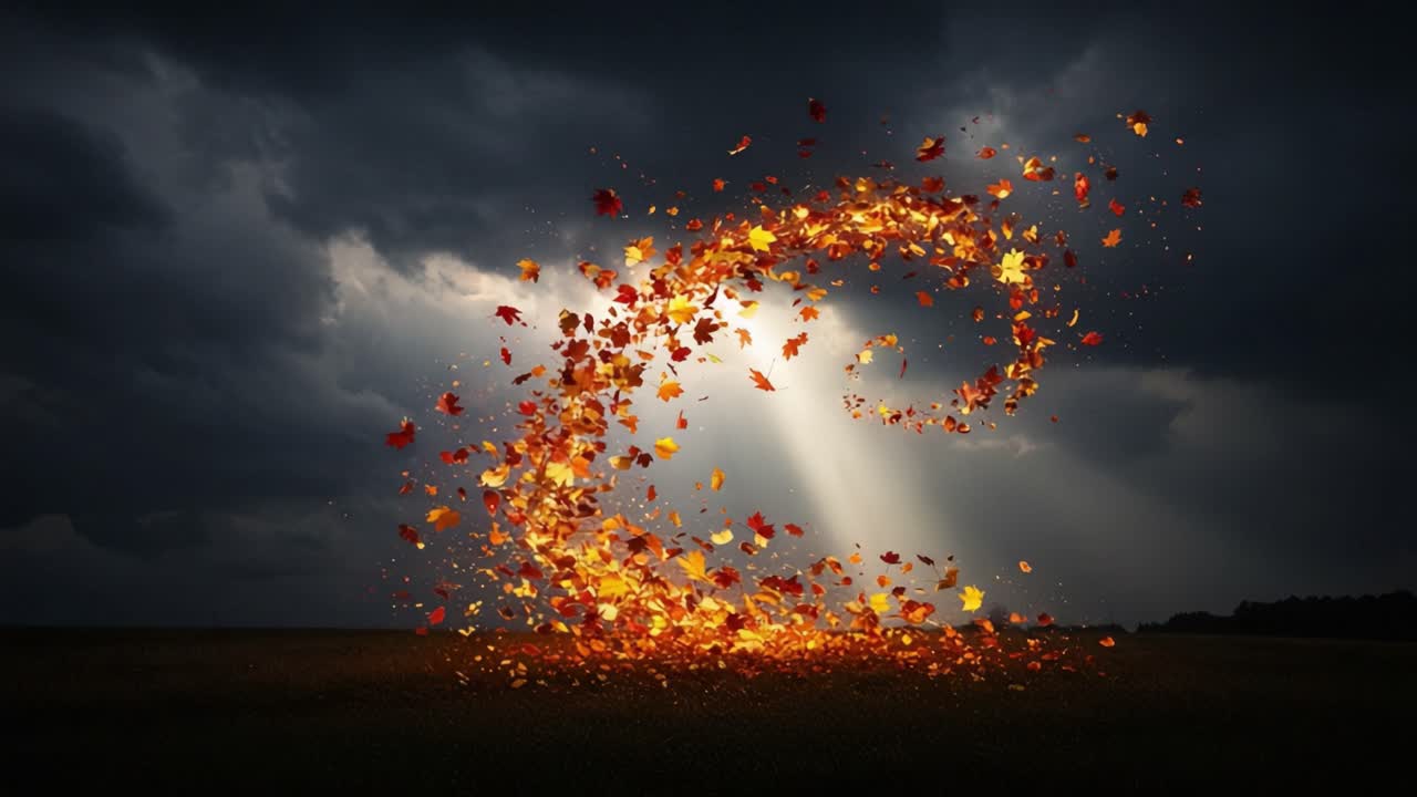 A mesmerizing display of autumn leaves swirling through the air, illuminated by radiant beams of sunlight piercing through dark storm clouds in a captivating nature scene