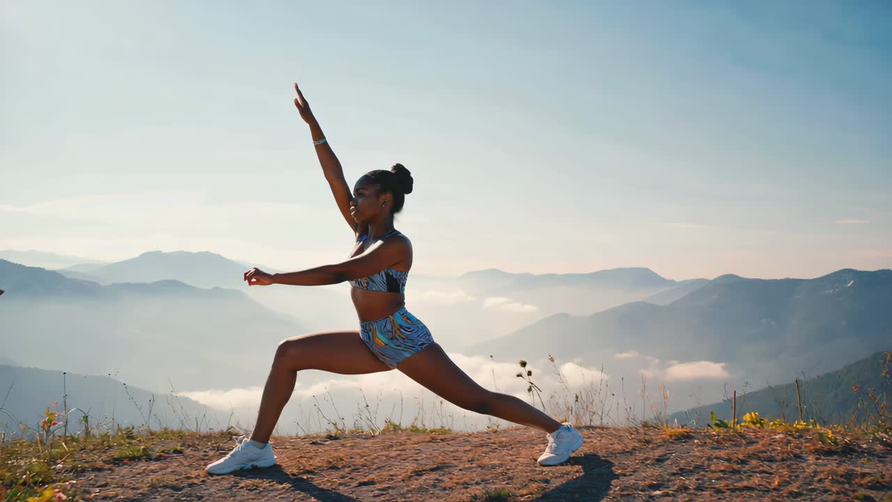 Woman doing yoga on a mountaintop