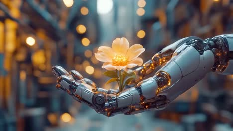 robot hand holding a flower
