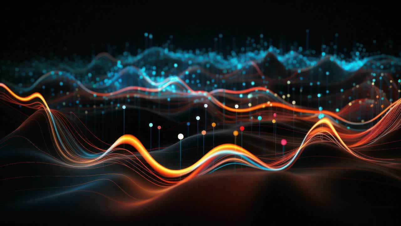 Abstract digital waves with glowing lines and particles, viewed from a low angle