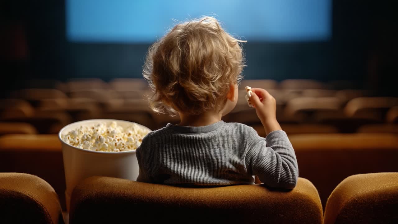 A Young Child Enjoys a Movie Experience, Seated in a Theater with a Bucket of Popcorn, Capturing the Joy of Cinema and the Magical Atmosphere Around Them
